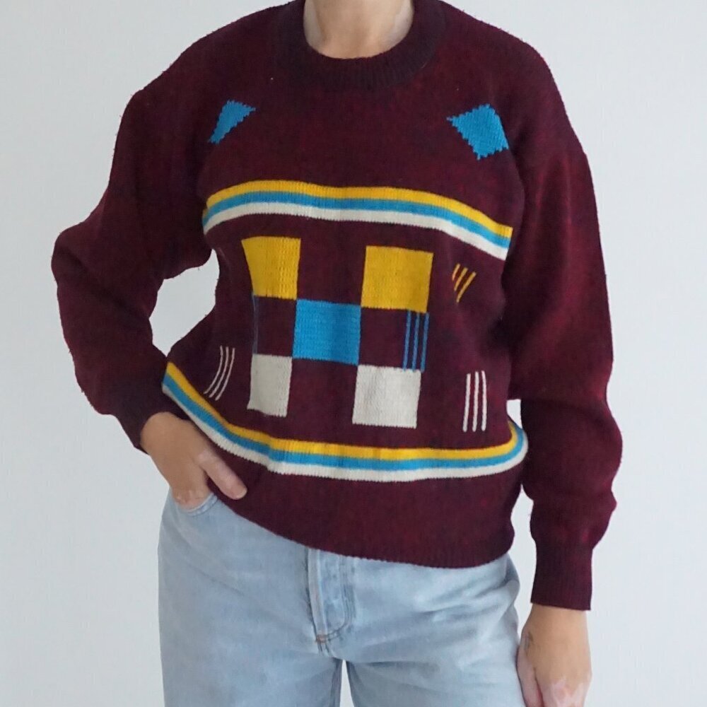 Vintage Swal Burgundy Geometric Colorblock Abstract Knit Graphic Sweater 38